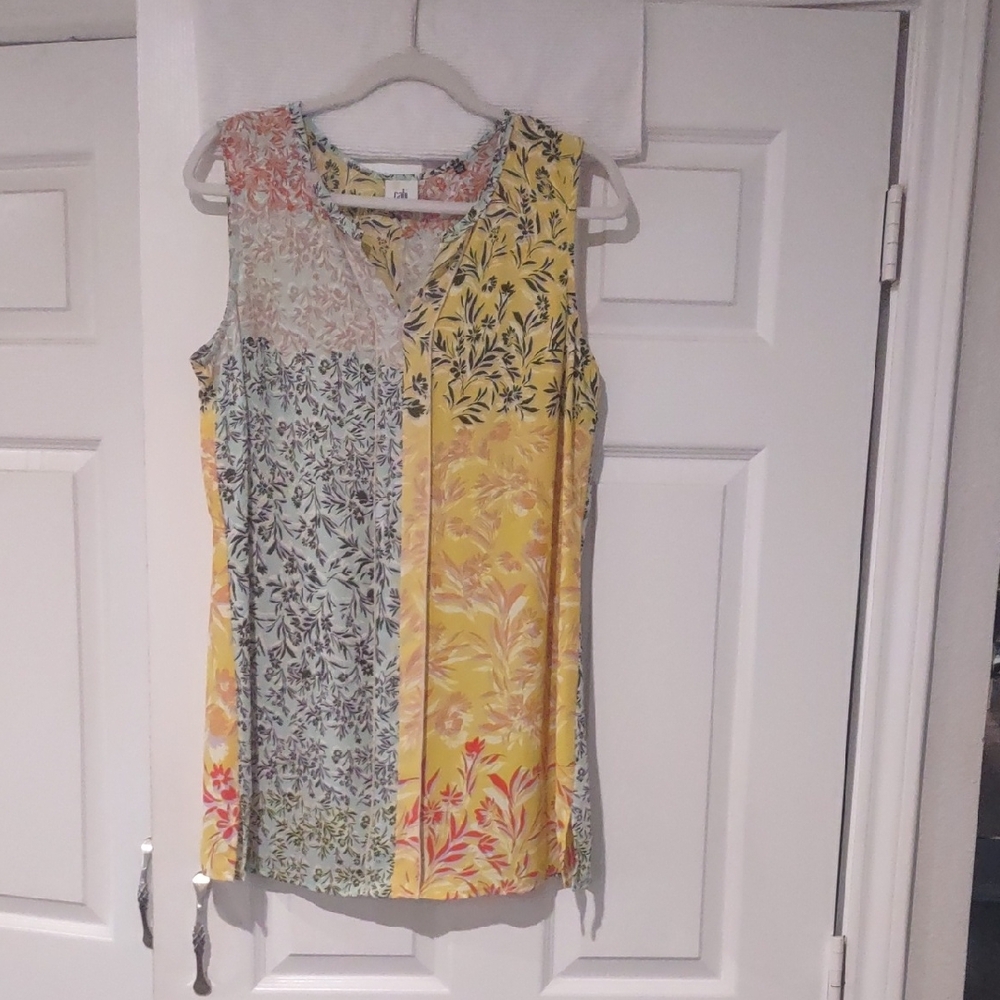 cabi 5547 Womens Floral Golden Glow Split Blouse Sleeveless Tunic Top Size Med